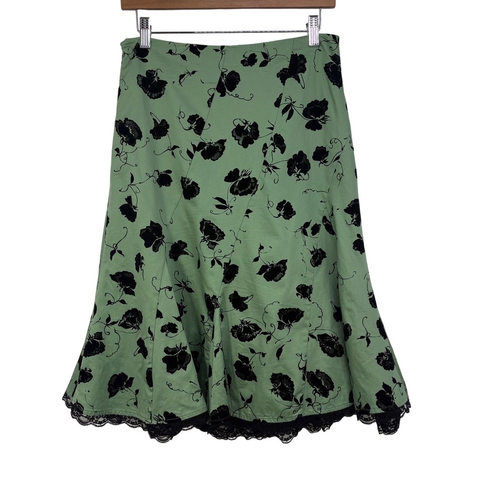 Odille Anthropologie Whimsigoth Velvet Flocked Floral Lace Midi Skirt 6 Cottage